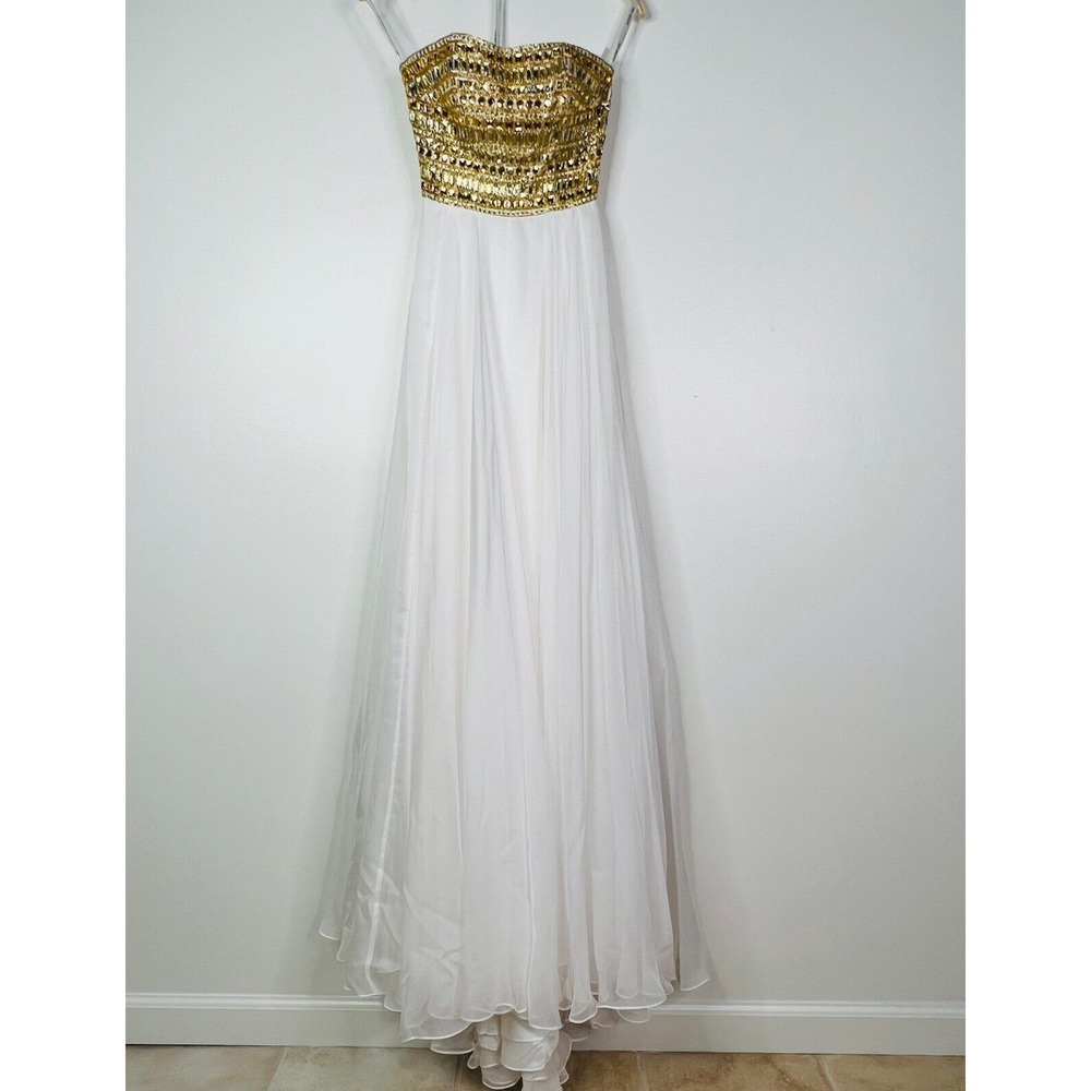 Sherri Hill 1539 Gown Womens 00 Ivory Gold New Beaded Strapless Chiffon Dress